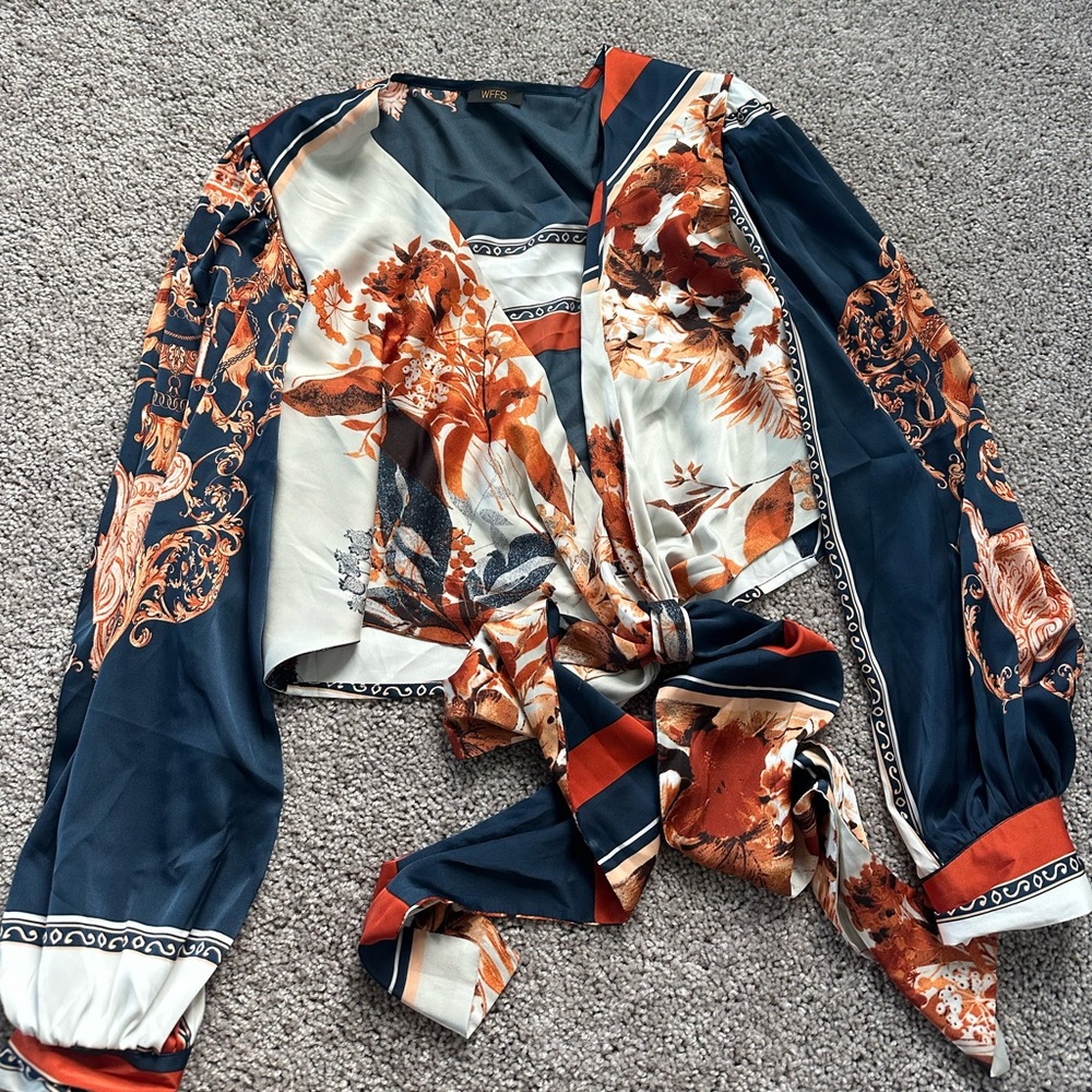 Floral Print Scarf with Orange and Blue Accents